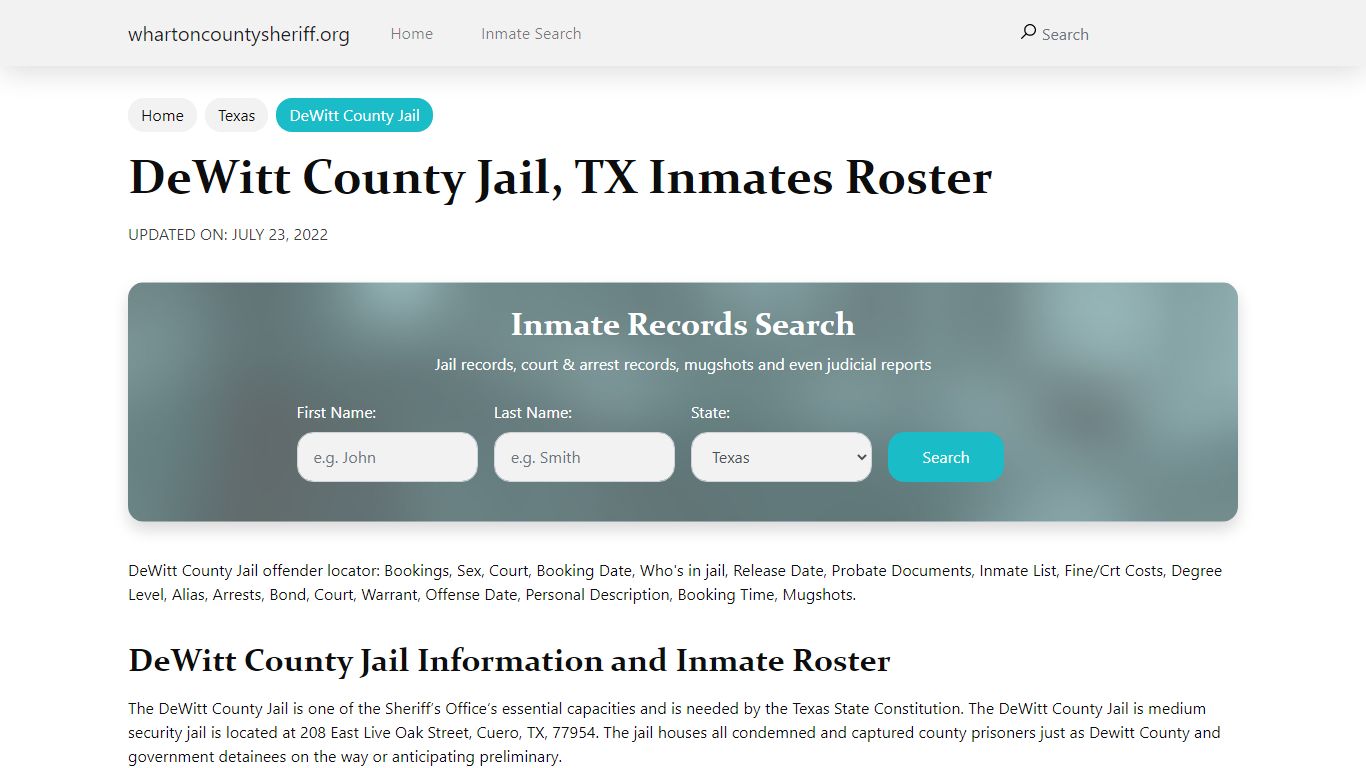 DeWitt County Jail, TX Jail Roster, Name Search